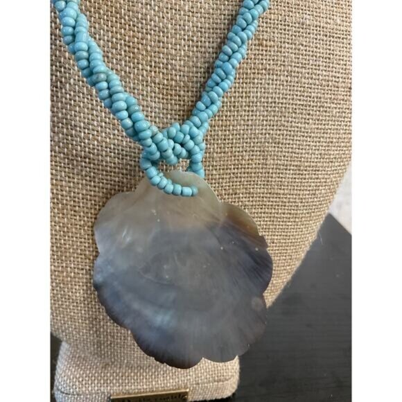 Handcrafted Turquoise Bead Necklace With Carved Shell Pendant - 18 Inch - Picture 3 of 6